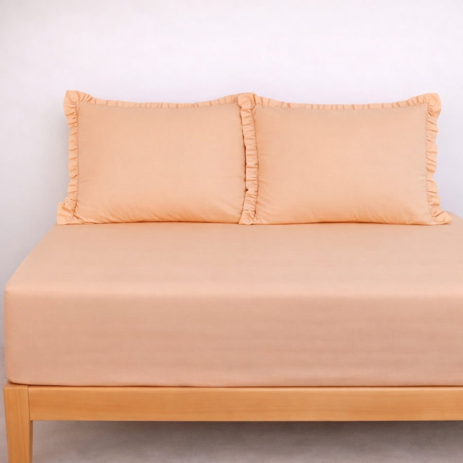 Σεντόνι Κρεμ Διπλό με Λάστιχο 160x200+30cm & 2 Μαξιλαροθήκες 50x70cm με Βολάν, 100% Βαμβάκι — 1