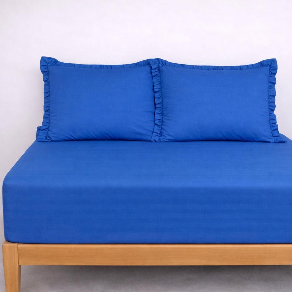 Σεντόνι Μπλε Διπλό με Λάστιχο 160x200+30cm & 2 Μαξιλαροθήκες 50x70cm με Βολάν, 100% Βαμβάκι