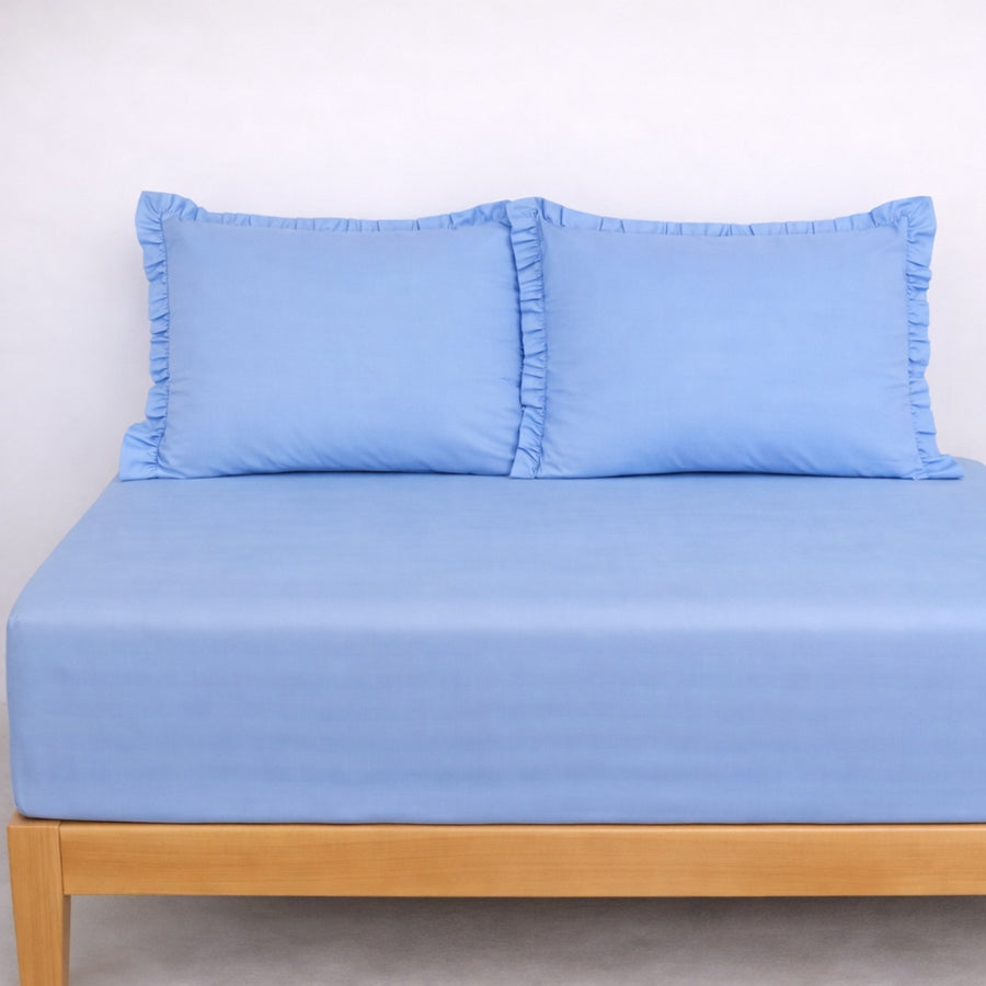 Σεντόνι Σιέλ Διπλό με Λάστιχο 160x200+30cm & 2 Μαξιλαροθήκες 50x70cm με Βολάν, 100% Βαμβάκι