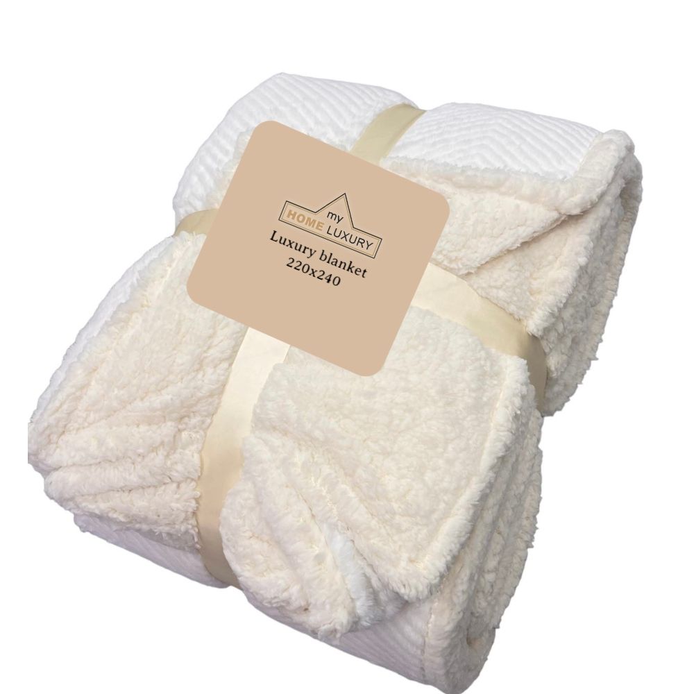 Εκρού Κουβέρτα Fleece Υπέρδιπλη (220x240) Με Γουνάκι Βάρους 3kg LSH-02