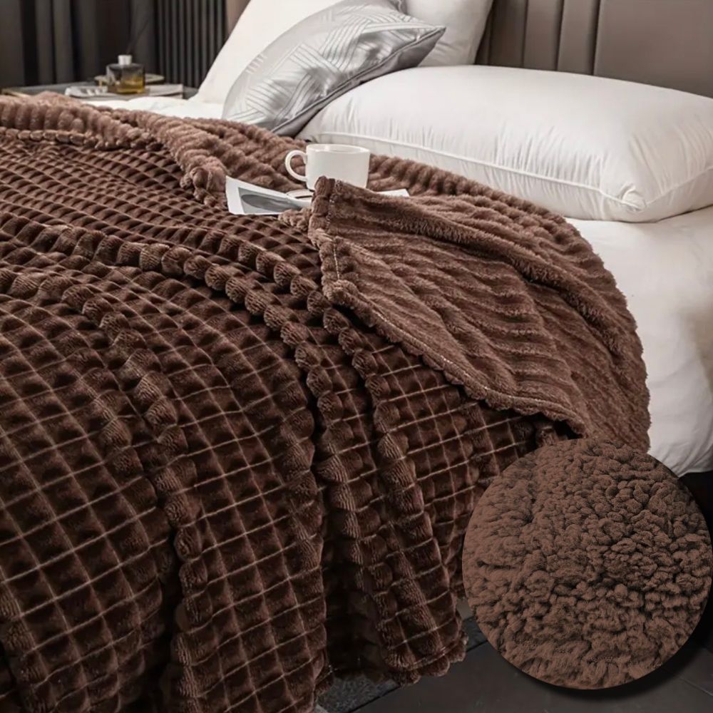 Καφέ Κουβέρτα Fleece Υπέρδιπλη (220x240) Με Γουνάκι Βάρους 3kg LSHR-03