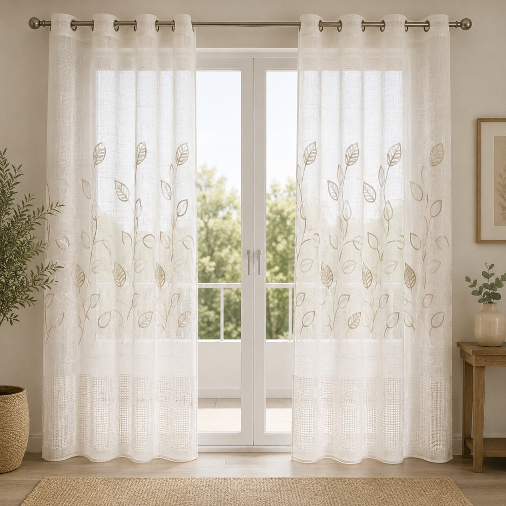Λινή Ημιδιάφανη Κουρτίνα με Μπεζ Φύλλα 270x270cm με Κρίκο TB381-B