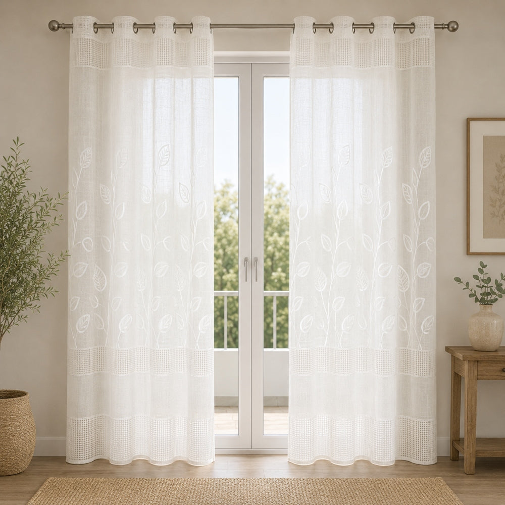 Λινή Ημιδιάφανη Κουρτίνα με Λευκά Φύλλα 270x270cm με Κρίκο TB381-W