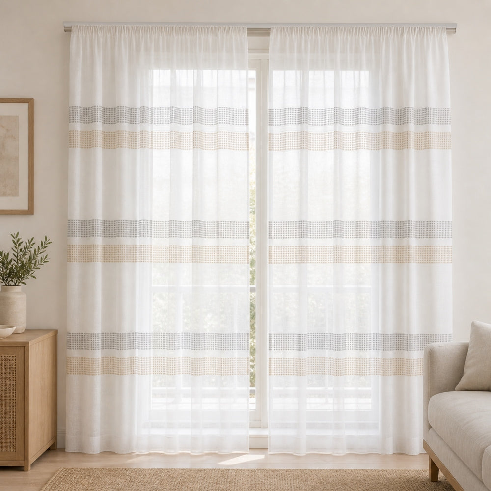 Λινή Ημιδιάφανη Κουρτίνα Ριγέ Μπεζ 270x270cm με Τρέσα T354-B