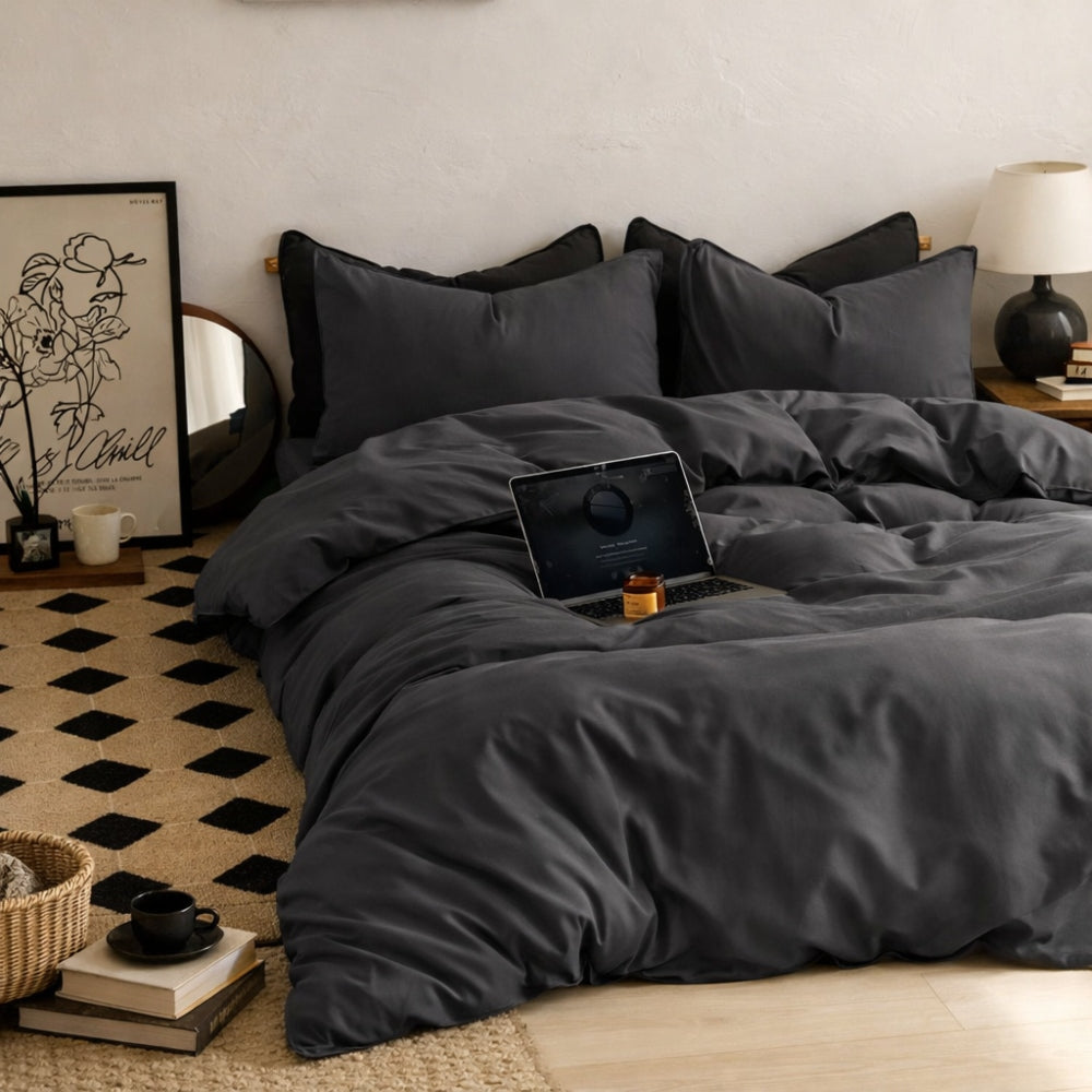 Σετ Παπλωματοθήκη 5τμχ Υπέρδιπλη Μαύρο 220x240cm Microcotton 505016