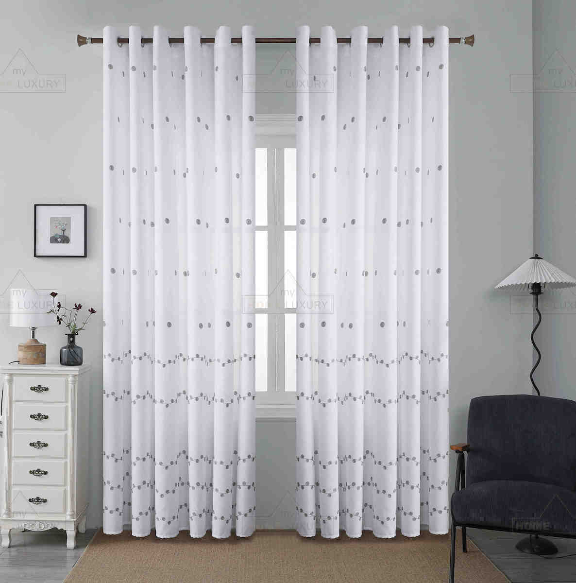 Κουρτίνα Λευκή Με Γκρι Κέντημα Με Κρίκο 270x270cm 80% Blackout 6014-2