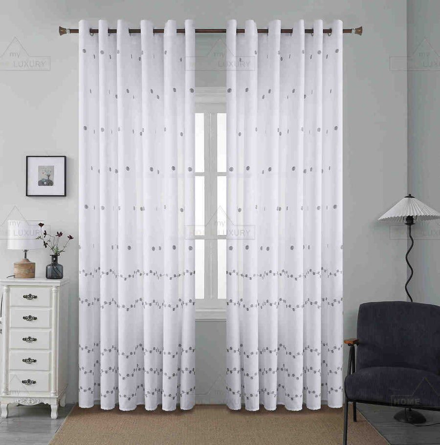 Κουρτίνα Λευκή Με Γκρι Κέντημα Με Κρίκο 270x270cm 80% Blackout 6014-2