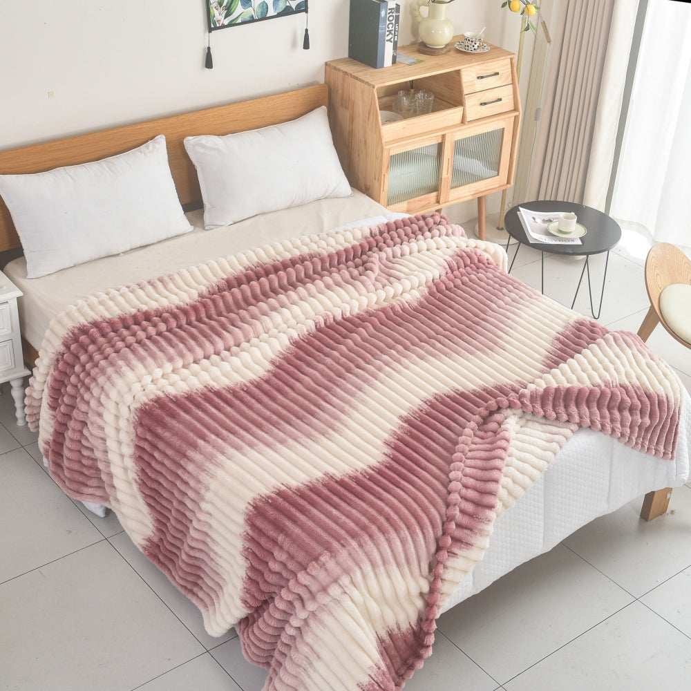 Κουβέρτα Fleece Ημίδιπλη 160x220cm Δίχρωμη Ριγέ Εκρού - Ροζ 68173-1