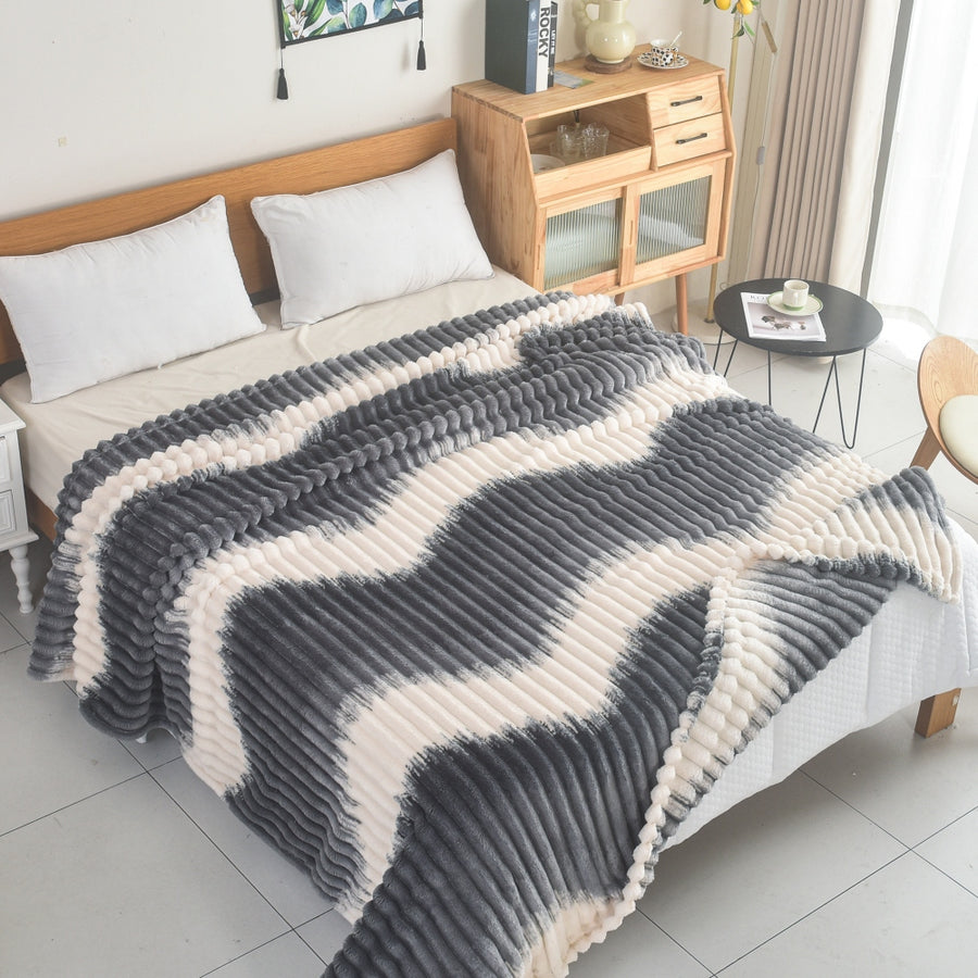Κουβέρτα Fleece Υπέρδιπλη 220x240cm Δίχρωμη Ριγέ Εκρού - Μπλε 78173-3 — 1