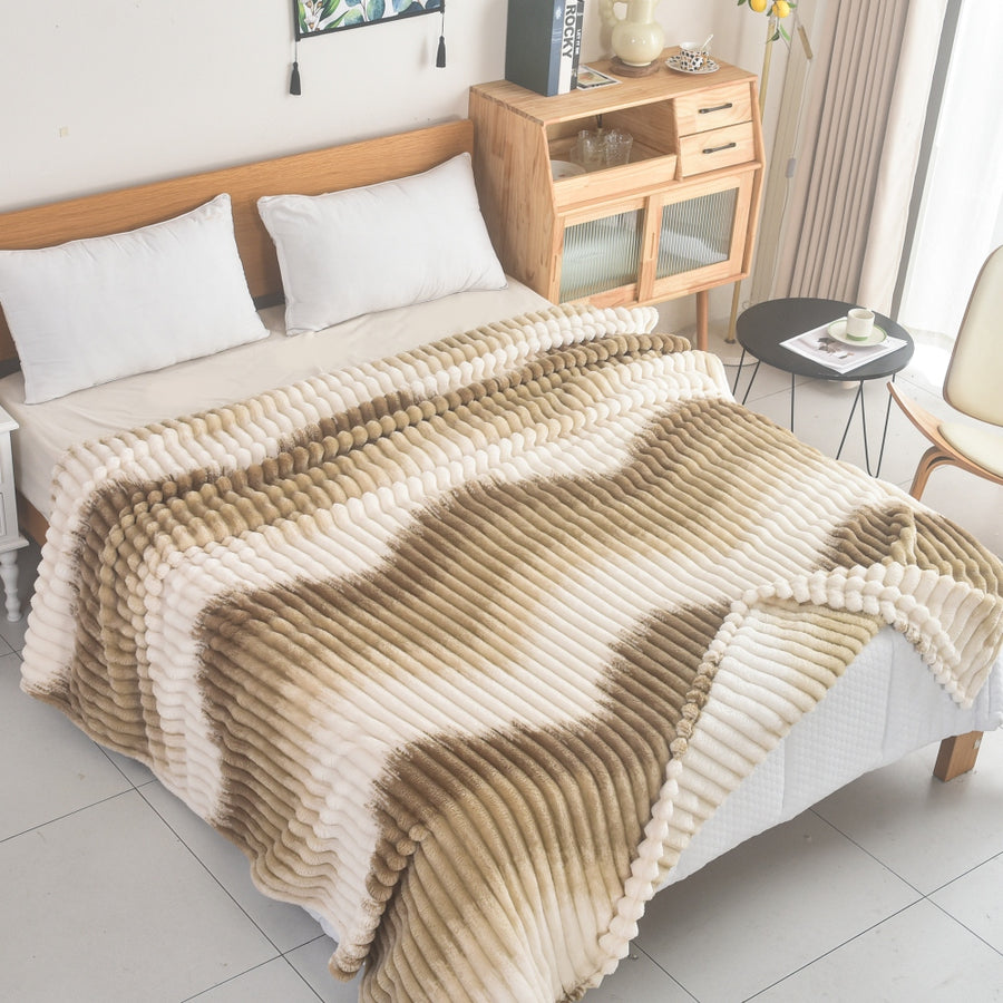 Κουβέρτα Fleece Υπέρδιπλη 220x240cm Δίχρωμη Ριγέ Εκρού - Μπεζ 78173-4 — 1