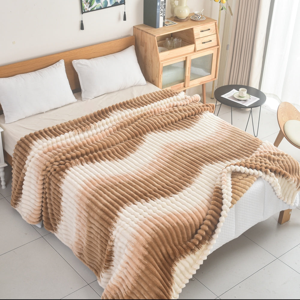 Κουβέρτα Fleece Ημίδιπλη 160x220cm Δίχρωμη Ριγέ Εκρού - Καφέ 68173-5
