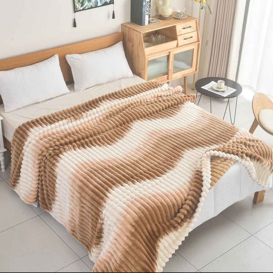 Κουβέρτα Fleece Ημίδιπλη 160x220cm Δίχρωμη Ριγέ Εκρού - Καφέ 68173-5 — 1