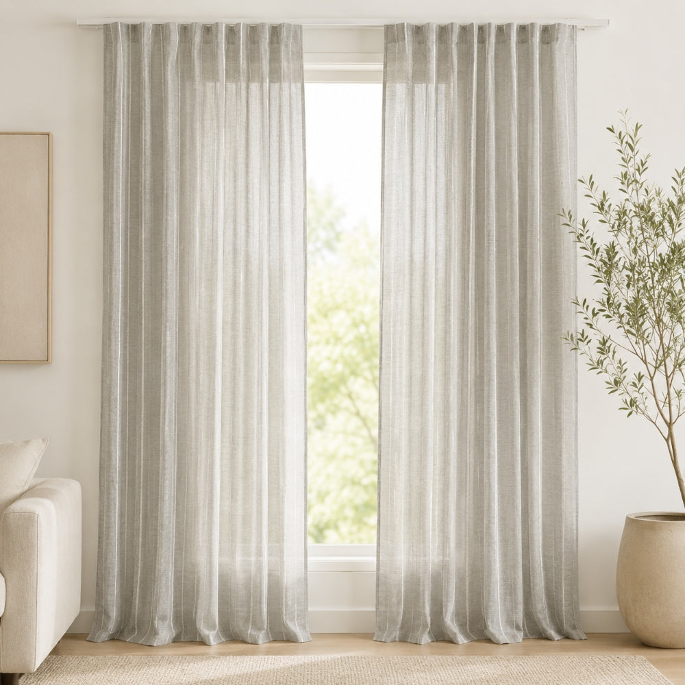 Λινή Ημιδιάφανη Κουρτίνα Γκρι με Λευκή Ρίγα Υ270xΦ280cm Με Τρέσα 711-11