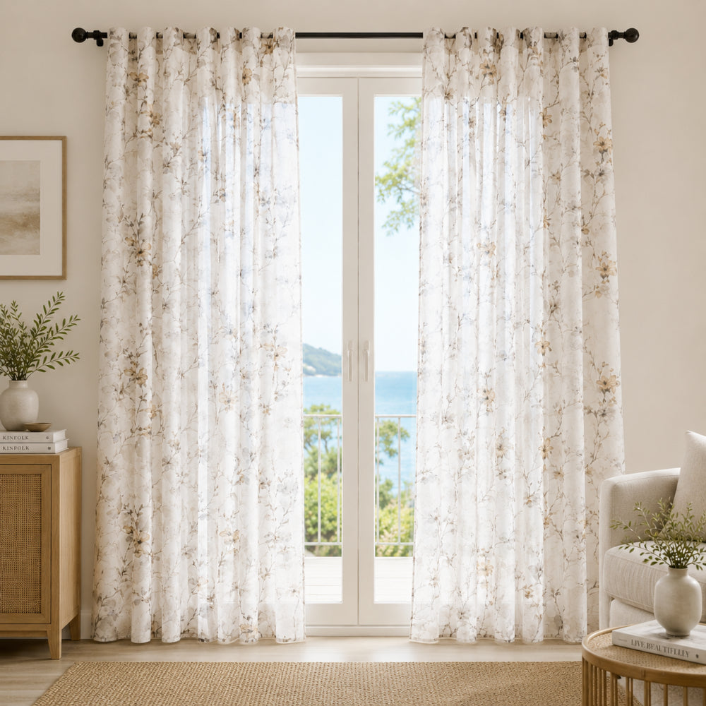 Κουρτίνα Ημιδιάφανη Floral Υ270xΦ270cm με Τρέσα Μπεζ 863-4