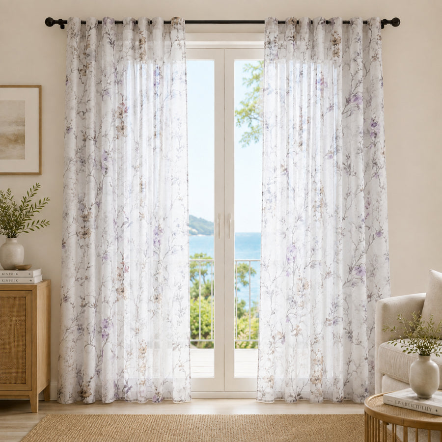 Κουρτίνα Ημιδιάφανη Floral Υ270xΦ270cm με Τρέσα Μωβ 863-6 — 1