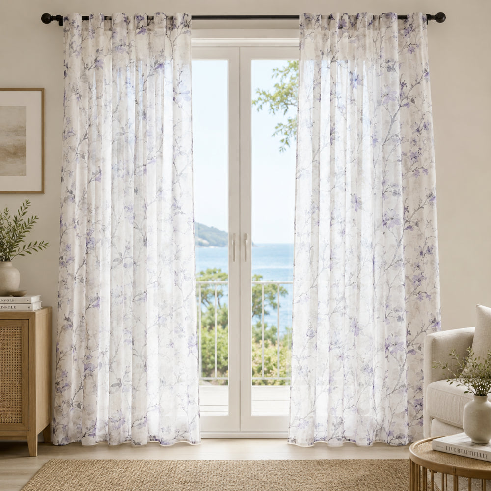 Κουρτίνα Ημιδιάφανη Floral Υ270xΦ270cm με Τρέσα Μπλε 863-7