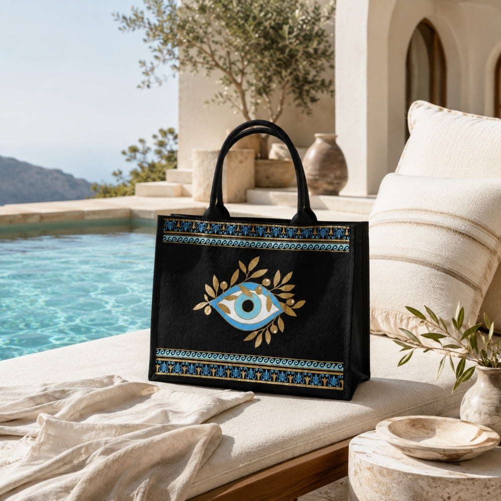 Τσάντα Θαλάσσης 33x41cm με Μεσογειακό Σχέδιο – Μαύρη 88371-B