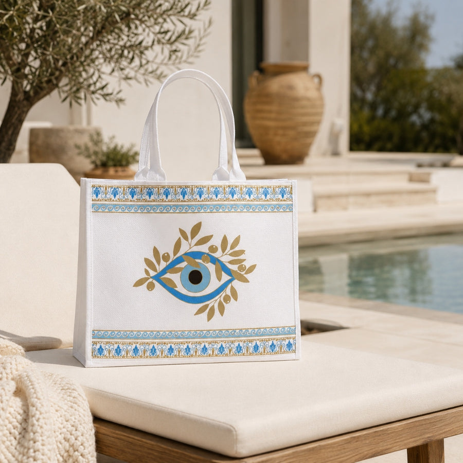 Τσάντα Θαλάσσης 33x41cm με Μεσογειακό Σχέδιο – Λευκή 88371-W — 1