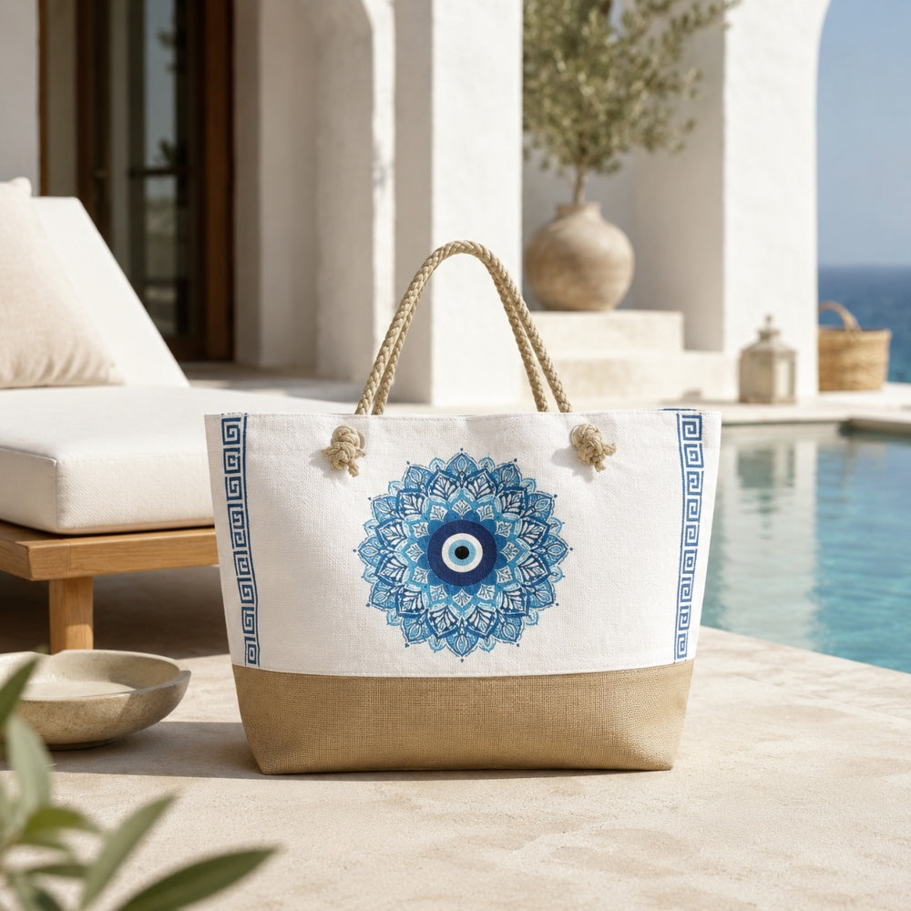 Τσάντα Θαλάσσης 35x49cm με Μπλε Μαντάλα – Λευκή/Μπεζ 88376-3