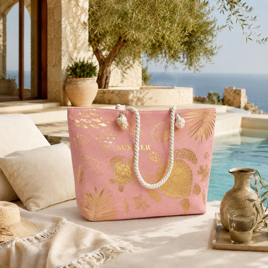 Τσάντα Θαλάσσης 35x53cm Summer με Χρυσές Λεπτομέρειες – Ροζ 88378-2 — 1