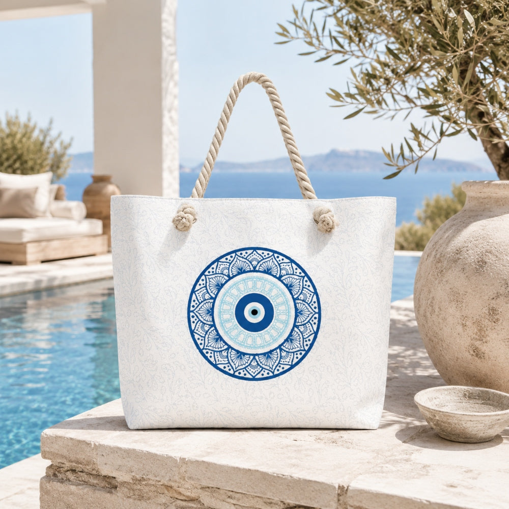 Τσάντα Θαλάσσης 30x40cm με Μπλε Μαντάλα – Λευκή 88384-3