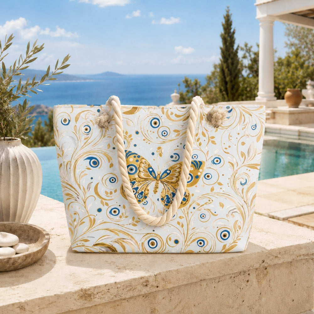 Τσάντα Θαλάσσης 30x40cm με Χρυσή Πεταλούδα & Μεσογειακά Μοτίβα 88384-5