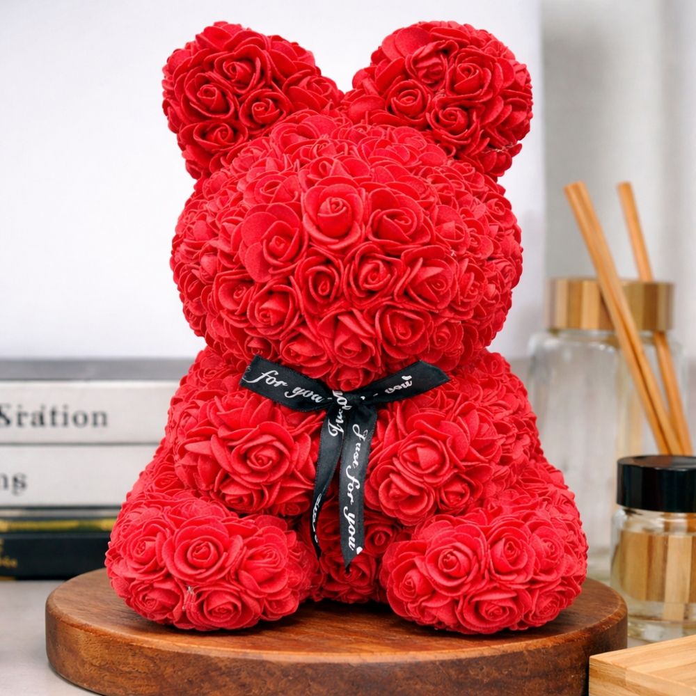 Κόκκινο Αρκουδάκι Bunny Από Τεχνητά Τριαντάφυλλα 40cm 981961
