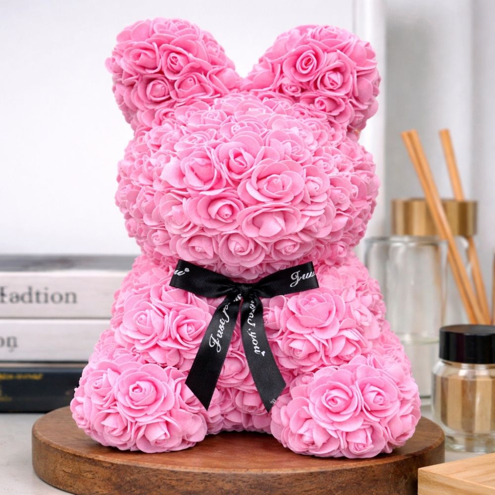Ροζ Αρκουδάκι Bunny Από Τεχνητά Τριαντάφυλλα 40cm 981962