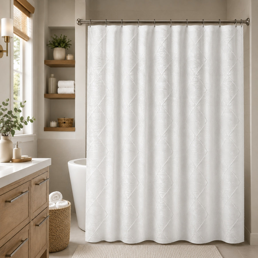 Κουρτίνα Μπάνιου Λευκή Με Ανάγλυφα 180x180cm Υφασμάτινη Αδιάβροχη BCK1 — 1