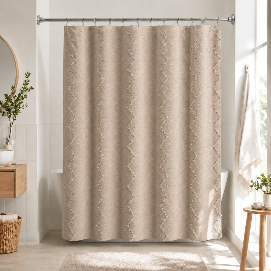Κουρτίνα Μπάνιου Μπεζ Με Ανάγλυφα 180x180cm Υφασμάτινη Αδιάβροχη BCK2 — 1