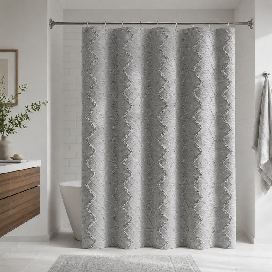 Κουρτίνα Μπάνιου Γκρι Με Ανάγλυφα 180x180cm Υφασμάτινη Αδιάβροχη BCK3 — 1