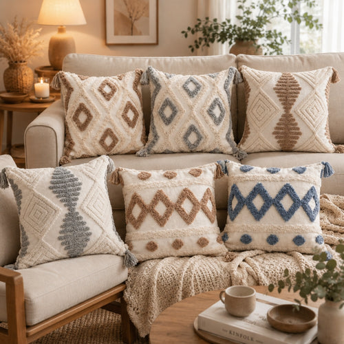 Boho Διακοσμητική Μαξιλαροθήκη Εκρού/Καφέ με Ανάγλυφο Σχέδιο & Κρόσσια 45x45cm — 2