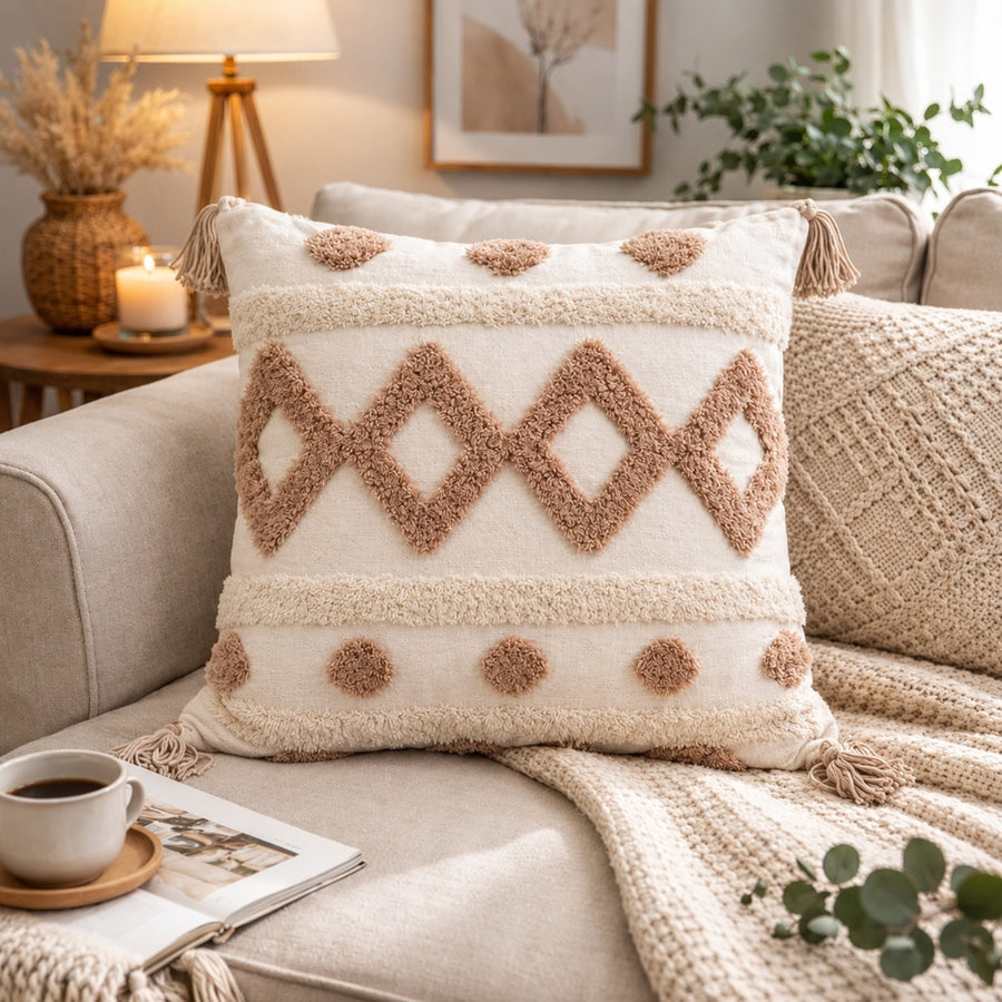Boho Διακοσμητική Μαξιλαροθήκη Εκρού/Καφέ με Ανάγλυφο Σχέδιο & Κρόσσια 45x45cm — 1