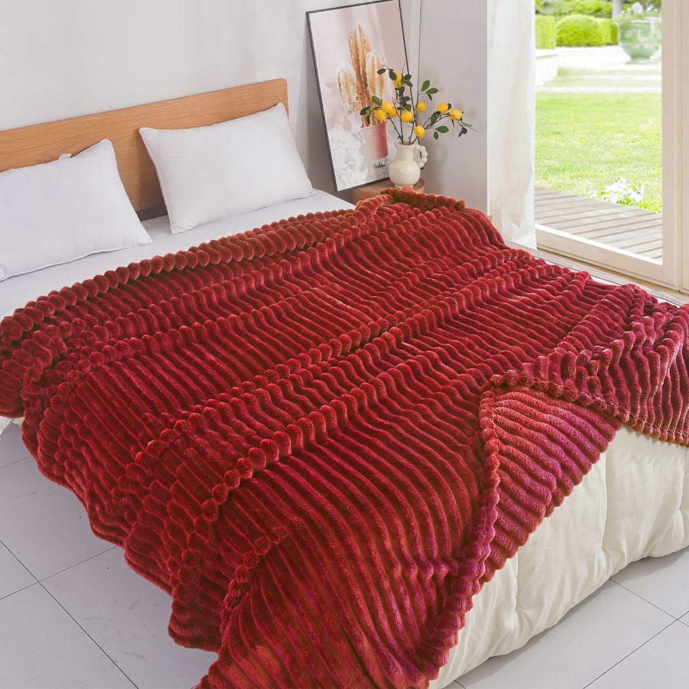 Κουβέρτα Μπορντό Flannel Fleece Ριγέ Ημίδιπλη 160x220 MRS-02