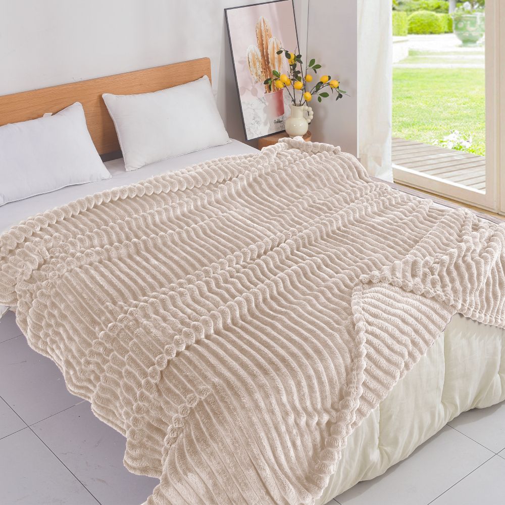Κουβέρτα Εκρού Flannel Fleece Ριγέ Ημίδιπλη 160x220 MRS-08