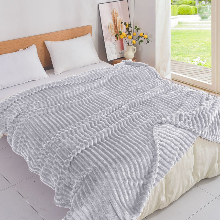 Κουβέρτα Γκρι Ανοιχτό Flannel Fleece Ριγέ Ημίδιπλη 160x220 MRS-11 — 1