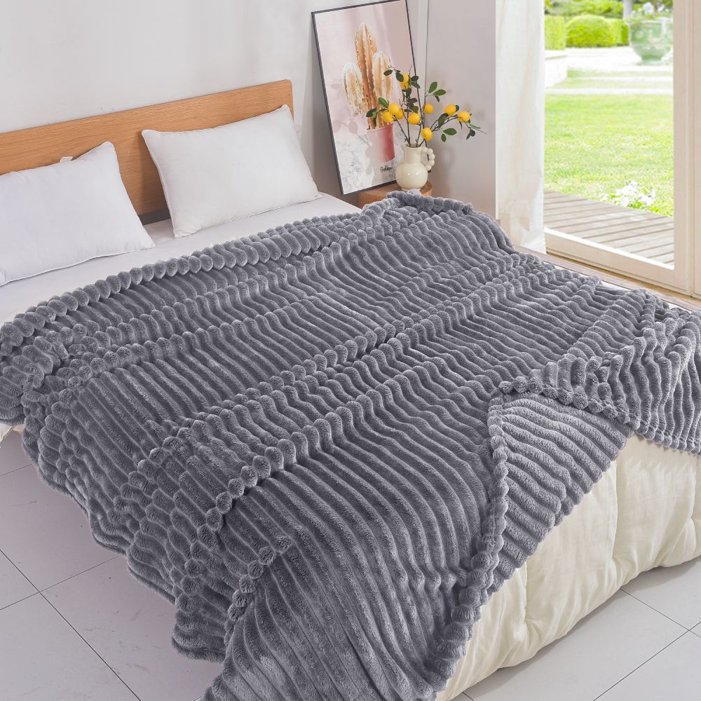 Κουβέρτα Γκρι Σκούρο Flannel Fleece Ριγέ Υπέρδιπλη 220x240 MRD-16