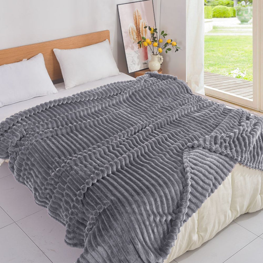 Κουβέρτα Γκρι Σκούρο Flannel Fleece Ριγέ Υπέρδιπλη 220x240 MRD-16 — 1