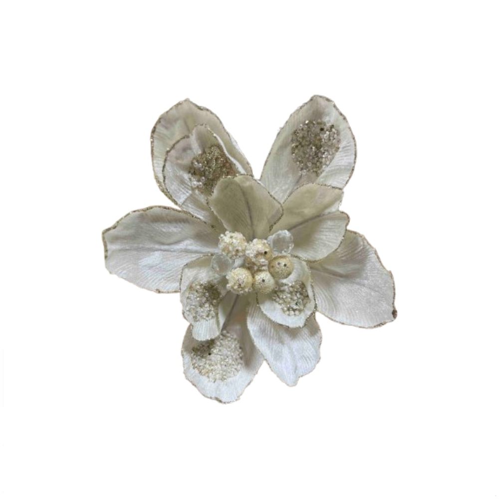 Βελούδινο Λουλούδι Μανόλια Εκρού 28 cm με Γκλίτερ
